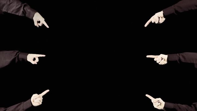 Many hands pointing at a blank space (insert whatever you want). Redux.
