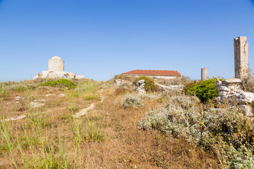 Fototapeta na wymiar Corsica, France. Ruins of an ancient mill in Bonifacio, XIII century