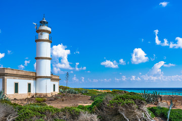 Spain Mediterranean Sea coast of Majorca island,  lighthouse at Cap de Ses Salines