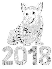 Number 2018 zentangle with dog. Vector decorative object