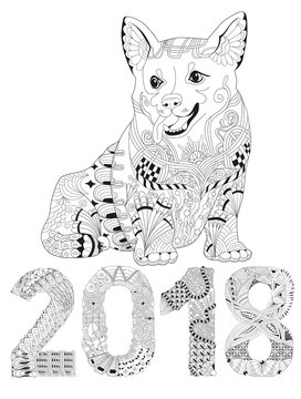 Number 2018 zentangle with dog. Vector decorative object