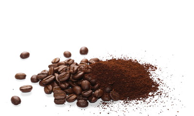 Pile of powdered, instant coffee and beans isolated on white background