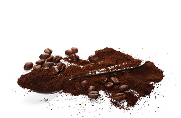 Pile of powdered, instant coffee and beans isolated on white background