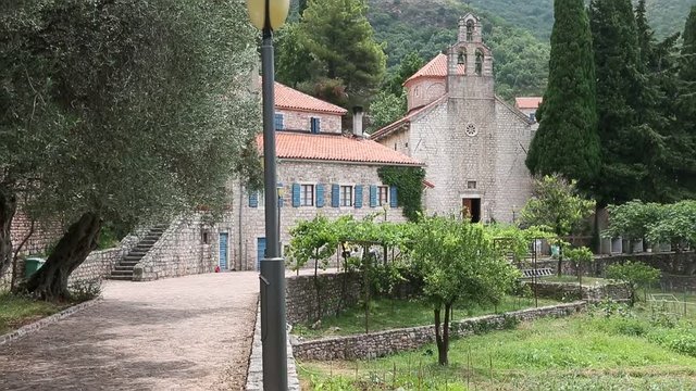 Herzeg Novi Montenegro. Church of Ascention Day Church Sv. Spas in Topla. Slow motion panning. Panorama old town Herzeg Novi Montenegro.