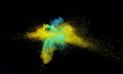 Multi color explosions of powder paint create abstract forms in front of a black background giving...