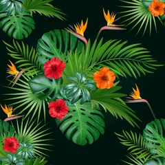 Fotobehang Seamless botanical exotic vector pattern with green palm leaves and hibiscus flowers on dark background. © leezarius