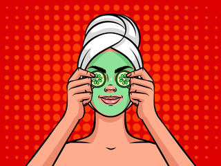Young beautiful woman European type with towel on her head and mask on her face. Girl face in spa with cucumber on her eyes over halftone background effect