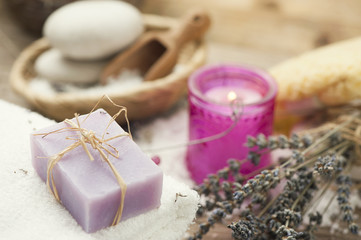 Obraz na płótnie Canvas Homemade Soap with Lavender Flowers and Sea Salt