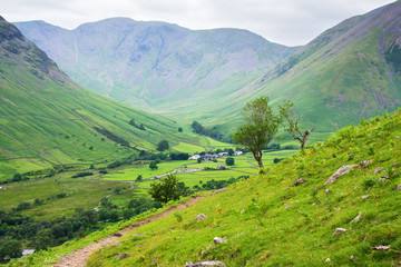 Fototapeta na wymiar Views of the mountains on the path to Scafell pike, , Lake District National Park, England, selective focus