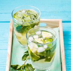 Two glasses of mojito in wooden box with mint