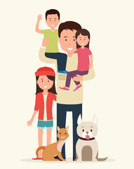 Big family. Father with children and animals