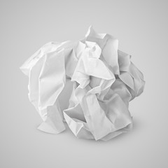 Sheet of crumpled white paper ball on gray background. Screwed up paper ball with clipping path