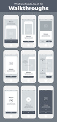 Wireframe UI kit for mobile phone. Mobile App Walkthroughs screens