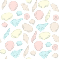 Hand drawn seashells seamless vector background