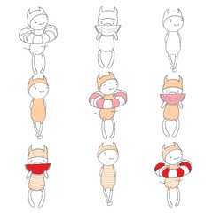 Set of hand drawn vectors of a funny cartoon character in jump suit and hat, taking a stroll, swimming, eating watermelon.