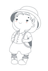 Hand drawn vector illustration of a cute plump little girl in a safari helmet, shirt, shorts, socks and hiking boots, with a backpack