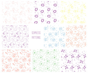 Set of hand drawn cute seamless vector patterns with ghost animals: cat, dog, panda, unicorn, rabbit, sheep, duck, penguin and koala, on a white background.