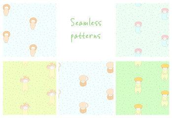 Set of hand drawn cute seamless vector patterns with mushrooms: fly amanita, red capped scaber stalk, honey fungus, woolly milk cap, saffron milk cap, on green background.