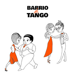 Hand drawn vector illustration of two dancing couples with Spanish text Barrio de tango, meaning Tango district.