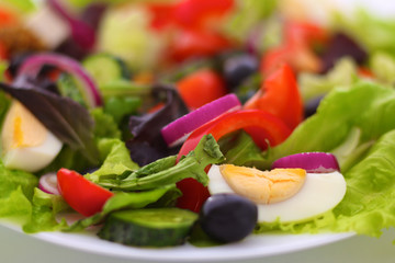 salad from fresh vegetables in a plate on a table, selective focus
