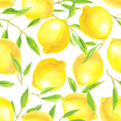 Seamless pattern made of watercolor lemons and leaves. Element for design.