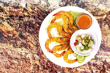 Charcoal boiled ,Prawn satay served with side disk.