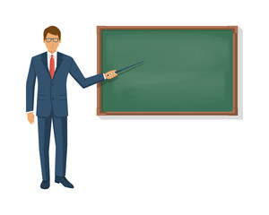 Teacher standing in front of blank school blackboard. Professor in suit with pointer in hand points to green board. Vector illustration flat style. Template for design. Education concept.