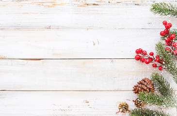 Christmas background - Christmas decorating elements and ornament rustic on white wood table with snowflake. Creative Flat layout and top view composition with border and copy space design.