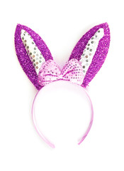 Headband purple rabbit isolated on white background. Sexy easter bunny ears hair band. Party and event. Close up...