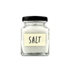 Salt in a glass bottle isolated on white background, with word 
