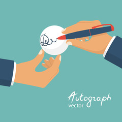 A male athlete gives an autograph, signing on a ball. Holding the ball and the pen in hands. Vector illustration flat design. Isolated on background.