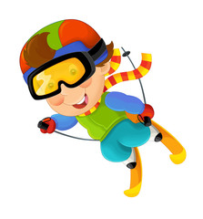Cartoon scene with boy on the ski having fun - illustration for children