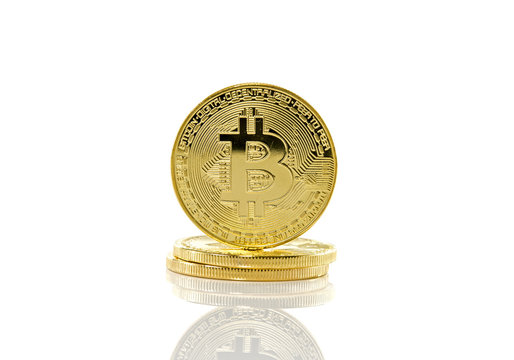 three bitcoins on white background