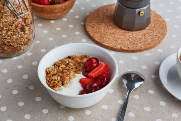 Muesli with milk and fresh berries in bowl