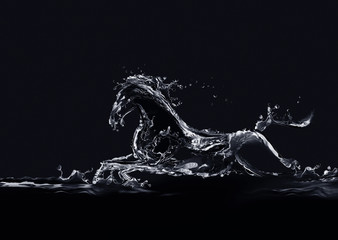 A silhouette of a running horse made of water on black background. © GeorgesKyrillos