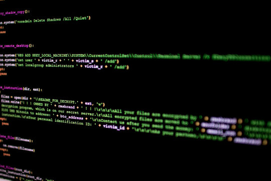 Ransomware source code. Malicious script source code that encrypts files on the victim's pc. Code lines of important software for cybersecurity