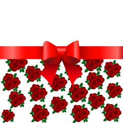 Background of roses red ribbon bow