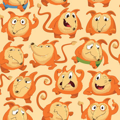 Seamless pattern with funny fox expressing various emotions in different poses. Happy, angry, smart, sad, cunning cartoon character against orange background. Vector illustration for wrapping paper.