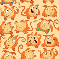 Fototapeta premium Seamless pattern with funny fox expressing various emotions in different poses. Happy, angry, smart, sad, cunning cartoon character against orange background. Vector illustration for wrapping paper.