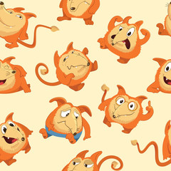 Seamless pattern with cute fox in different moods. Laughing, sad, smiling, suspicious, cheerful and furious cartoon animal against yellow background. Vector illustration for wallpaper, fabric print.