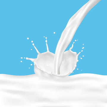 Realistic milk splash with pouring milk on blue background