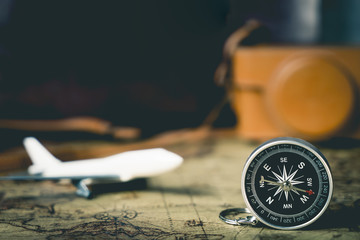 Vintage travel map and accessories with compass