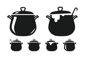 Pot with lid, pan of soup silhouette. Cooking, cuisine, cookery, culinary art, kitchen icon or logo. Vector illustration
