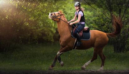 Young pretty girl riding a horse