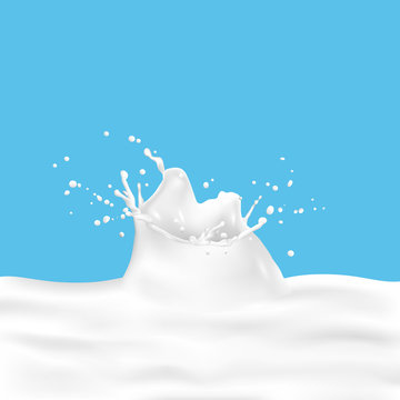 Realistic pouring milk splash on blue background