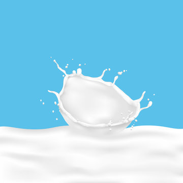 Realistic pouring milk splashes on blue background
