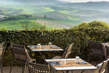 view from the restaurant on the Tuscan field at sunset. - 163563367