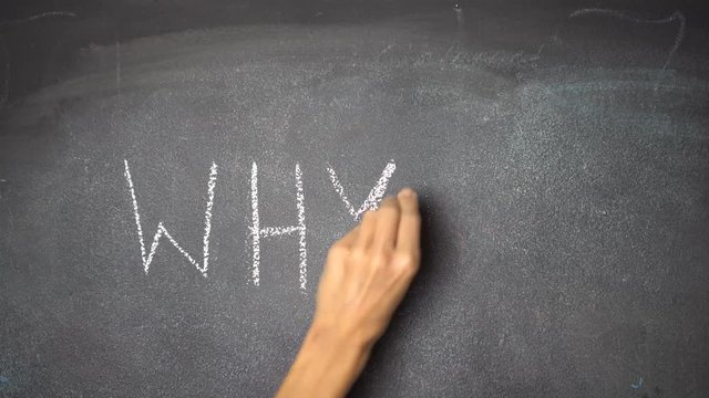 Woman's hand writing questions "what, why, where, when, how, who, how much?" with white chalk on blackboard