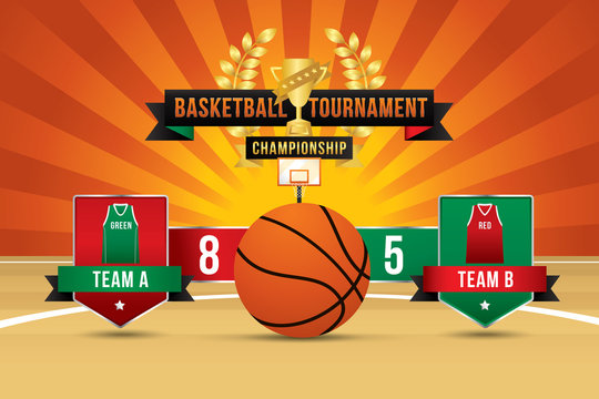 Vector of basketball with team competition and scoreboard on court background.