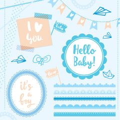 Set of elements for baby of a newborn boy with  elements 